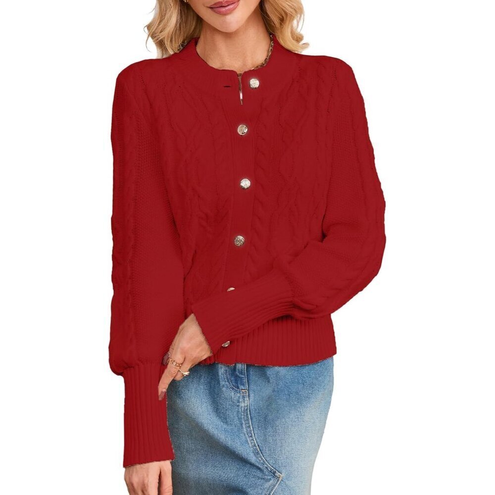 Women's Cable Knit Cardigan Sweater Chunky Cotton Blend Fall Jacket Small